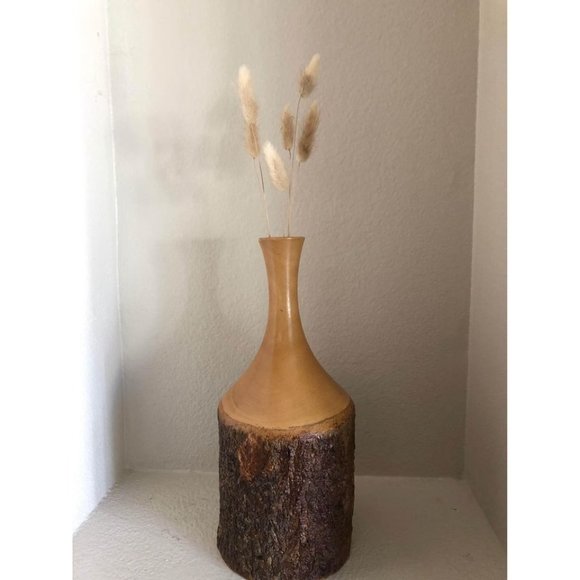 Hand Crafted Other - Vintage Wood Hand Turned Vase Natural Bark 70s 14"